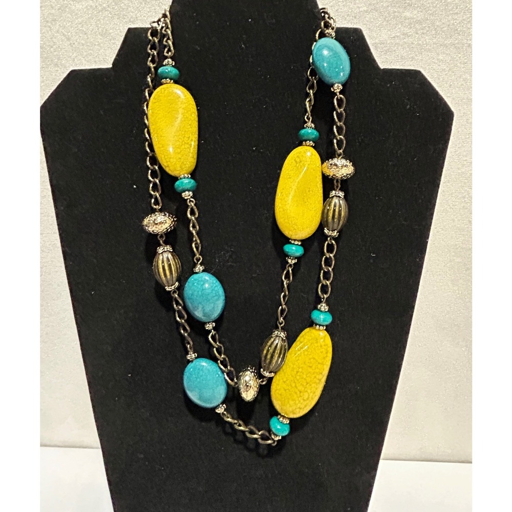 Chunky Yellow Turquoise Boho Chunky Beaded Necklace Long Statement Flapper 38"